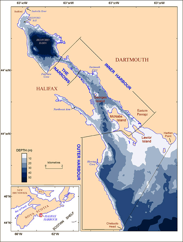 Map showing the geographic divisions of Halifax Harbour.