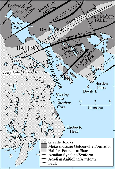 map of the bedrock geology of Halifax Harbour