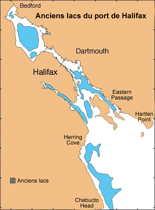 Carte indiquant l’emplacement de 10 lacs qui existaient dans le port d’Halifax