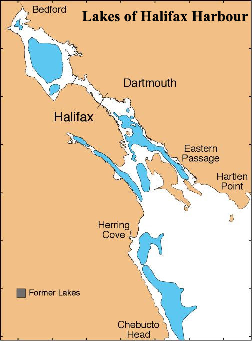 map showing the location of 10 lakes that existed in Halifax Harbour