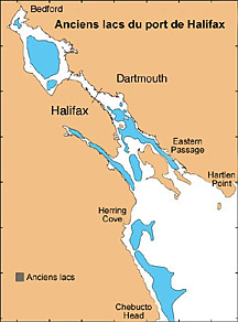 Carte indiquant l’emplacement de 10 lacs qui existaient dans le port d’Halifax