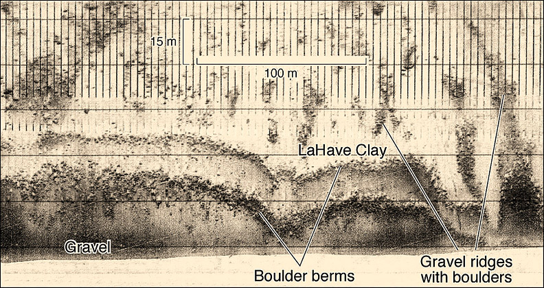 sidescan sonar image of two boulder berms