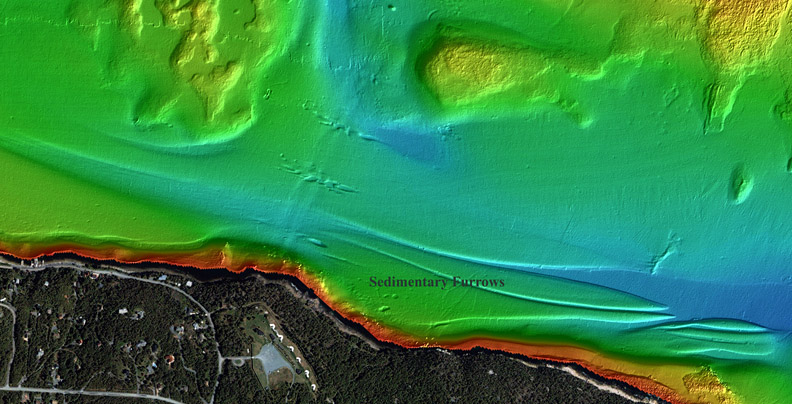 multibeam bathymetric image of seabed features called sedimentary furrows