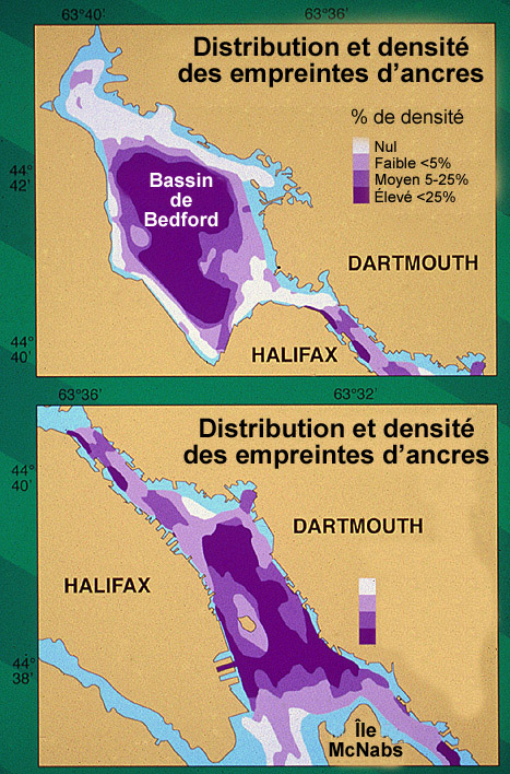 Cartes indiquant la répartition et la densité des marques d’ancre sur le fond marin du bassin de Bedford et de l’arrière­port d’Halifax