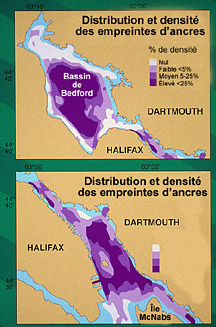 Cartes indiquant la répartition et la densité des marques d’ancre sur le fond marin du bassin de Bedford