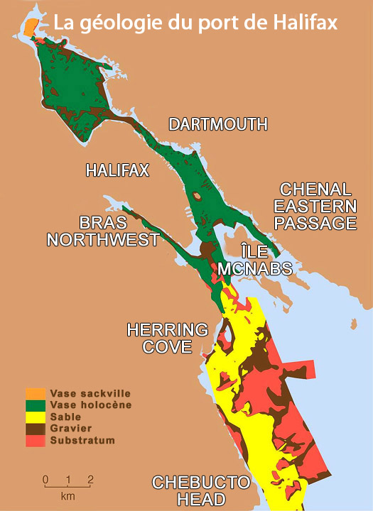 Carte de la répartition des sédiments et du substratum sur le fond marin du port d’Halifax.