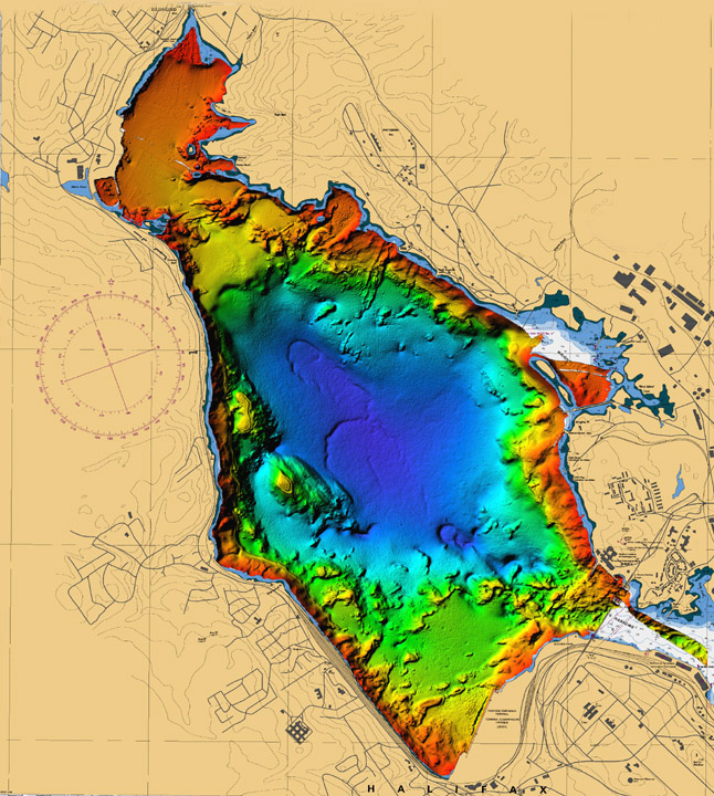 Carte bathymétrique multifaisceaux des profondeurs des eaux du bassin de Bedford
