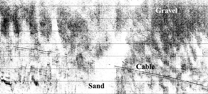 sidescan sonar image of a cable on the seabed of Halifax Harbour