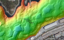 A multibeam bathymetric image of The Narrows showing the remains of the first bridge on the seabed.