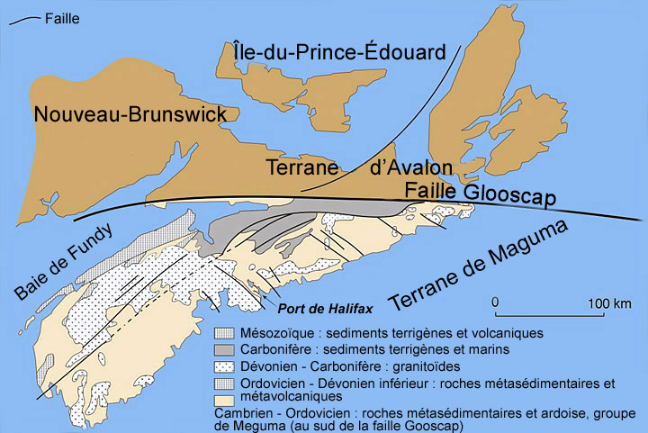 Carte du substratum de la Nouvelle­Écosse indiquant l’emplacement du port d’Halifax