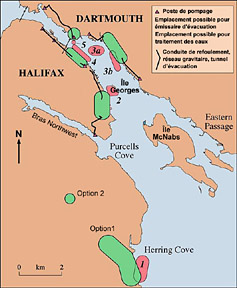 Carte d’une partie du port d’Halifax montrant les emplacements recommandés pour les établissements de traitement