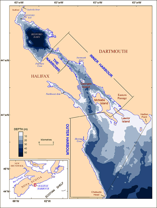 Map showing the geographic divisions of Halifax Harbour.