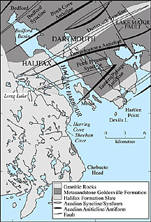 map of the bedrock geology of Halifax Harbour