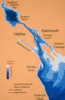 An aerial photograph of part of inner Halifax Harbour showing the relative location of Citadel Hill and Georges Island