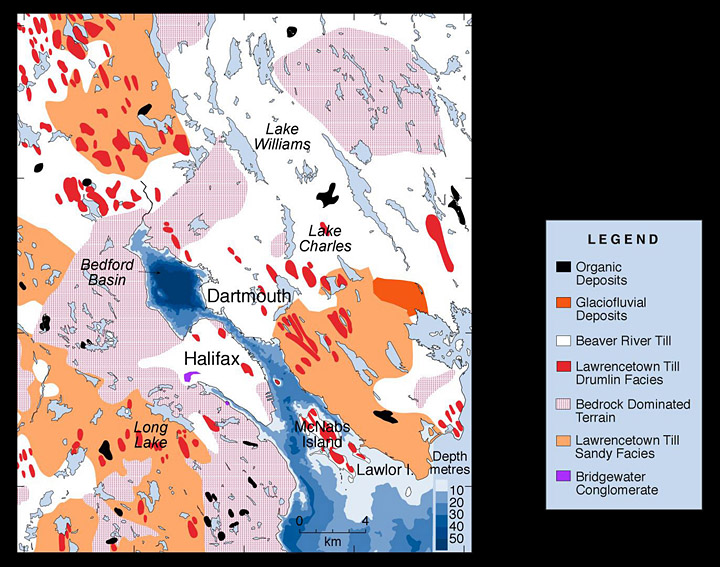 map of the area surrounding Halifax Harbour showing the different materials overlying bedrock
