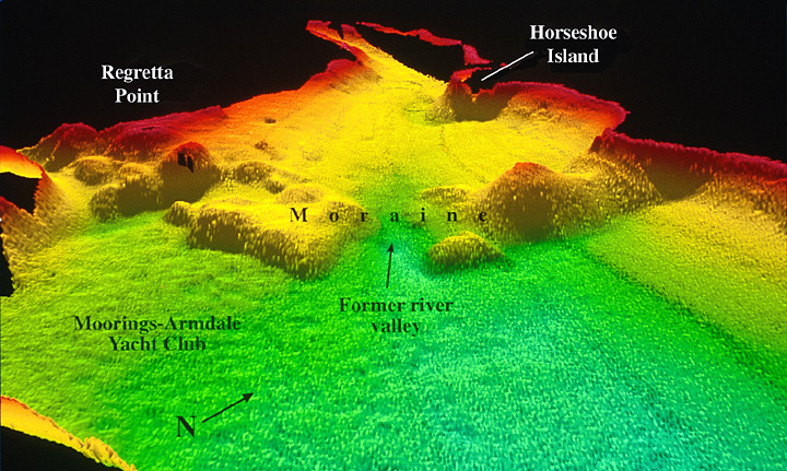 3 d multibeam bathymetric image looking north toward an end moraine