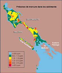 Carte indiquant la répartition et la quantité du mercure se trouvant dans les sédiments du fond marin du port d’Halifax
