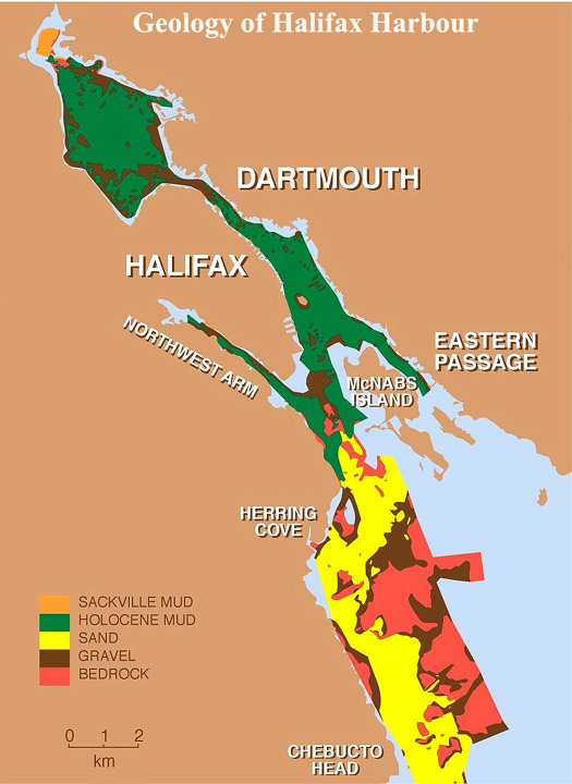 map of the distribution of sediments and bedrock